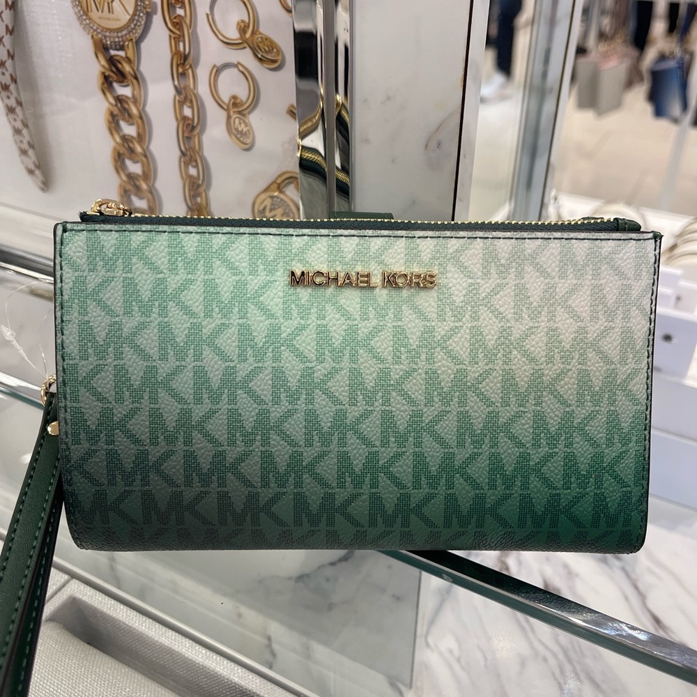 MICHAEL KORS Jet Set Large Ombré Signature Logo Double Zip Wristlet Phone Holder